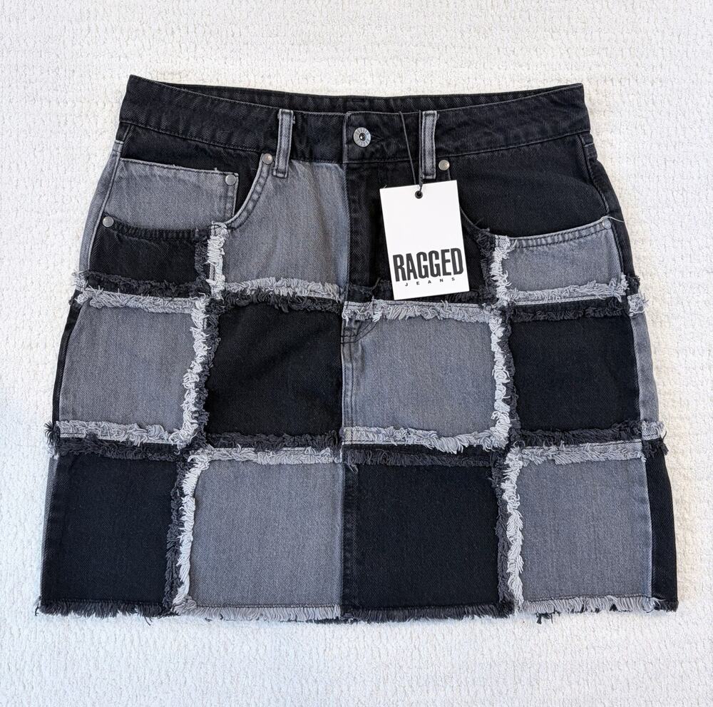 Ragged Jeans Black Gray Colorblock Denim Mini Skirt A-Line Fringe Pockets L